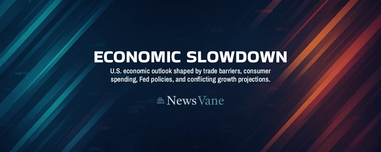 Economic Slowdown: U.S. economic outlook shaped by trade barriers, consumer spending, Fed policies, and conflicting growth projections.