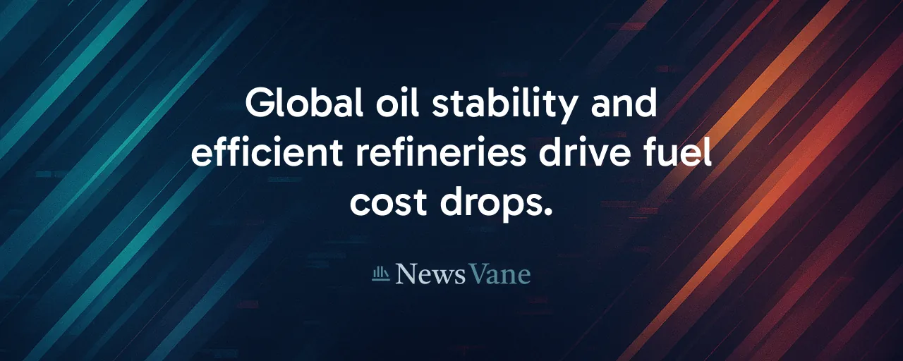 Global oil stability and efficient refineries drive fuel cost drops.